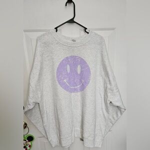 Light Gray Crewneck Sweatshirt with Distressed Lavender Smiley